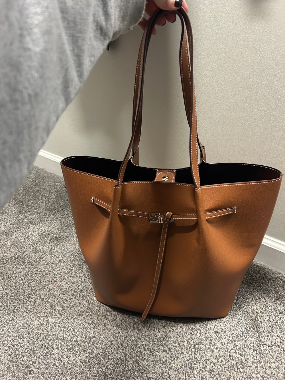 a new day Brown Tote Bag with Top Tie Detail